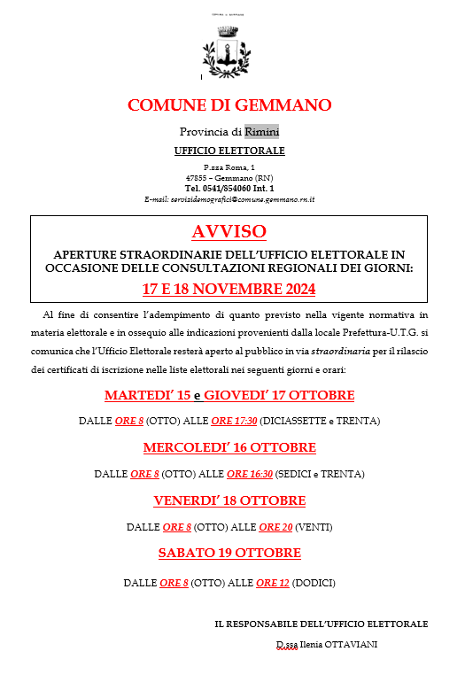 UFFICIO ELETTORALE: aperture straordinarie